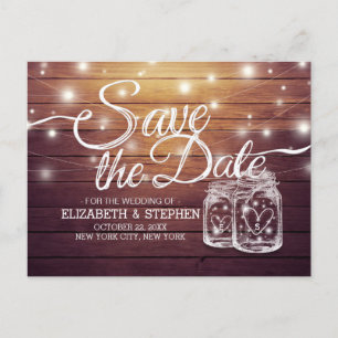 Save The Date Rustic Wood Mason Jar String Lights Announcement Postcard