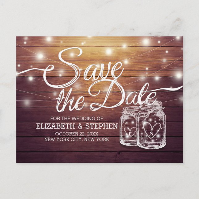 Save The Date Rustic Wood Mason Jar String Lights Announcement Postcard (Front)