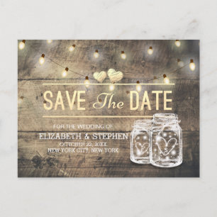 Save The Date Rustic Wood Mason Jar String Lights Announcement Postcard