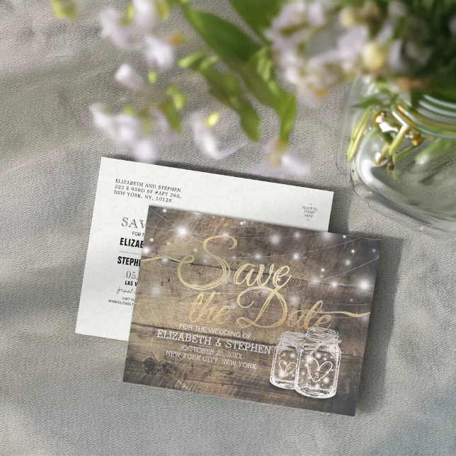 Save The Date Rustic Wood Mason Jar String Lights Announcement Postcard ...