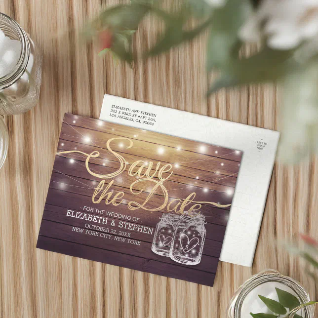 Save The Date Rustic Wood Mason Jar String Lights Announcement Postcard ...