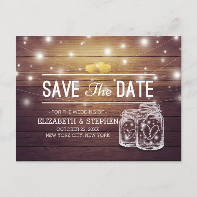 Save The Date Rustic Wood Mason Jar String Lights Announcement Postcard (Front)