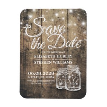 Save The Date Rustic Wood Mason Jar String Lights Magnet by ReadyCardCard at Zazzle