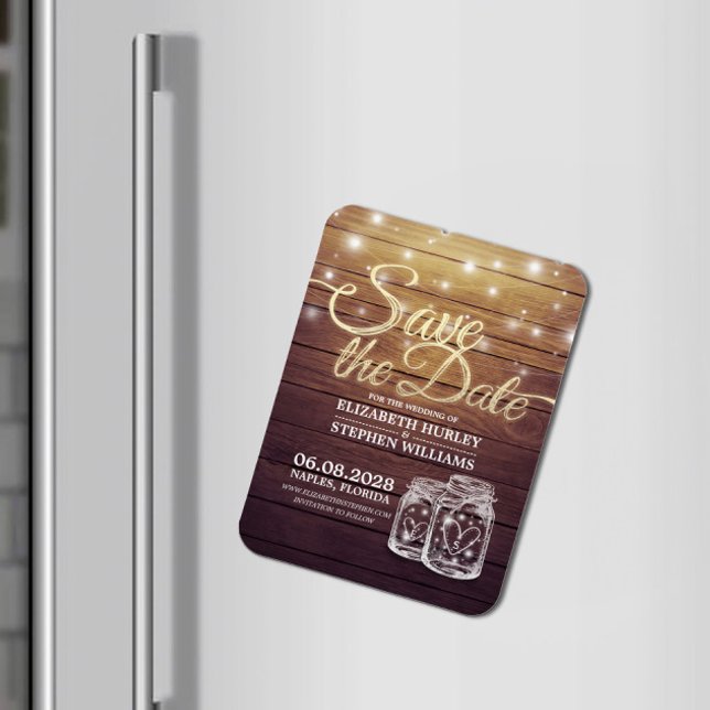 Save The Date Rustic Wood Mason Jar String Lights Magnet (Creator Uploaded)