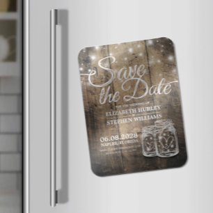 Save The Date Rustic Wood Mason Jar String Lights Magnet