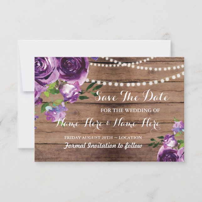 Save The Date Rustic Wood Purple Flowers Invite (Front)