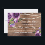 Save The Date Rustic Wood Purple Flowers Invite<br><div class="desc">Purple Flowers Save The Date Rustic,  with string lights,  perfect to let your guests know your event date! Matching item to the Collection! Front and back included.</div>