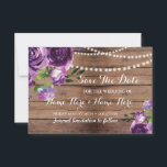 Save The Date Rustic Wood Purple Flowers Invite<br><div class="desc">Purple Flowers Save The Date Rustic,  with string lights,  perfect to let your guests know your event date! Matching item to the Collection! Front and back included.</div>