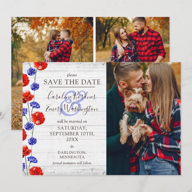 Save The Date Rustic Wood Red Poppy 4-Photo Card (Front/Back)