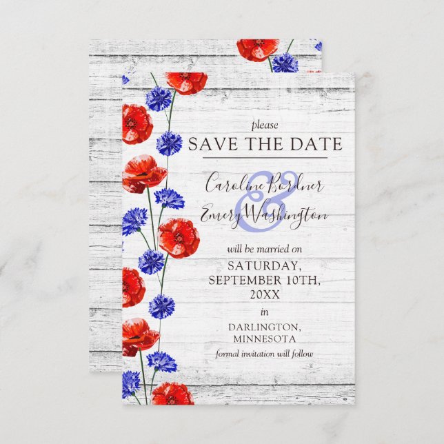 Save The Date Rustic Wood Red Poppy Floral Card (Front/Back)