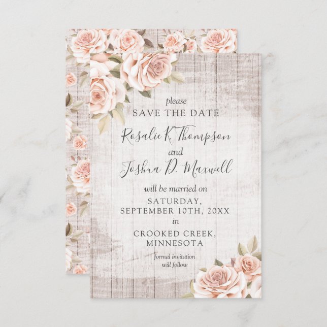 Save The Date Rustic Wood & Romantic Roses Card (Front/Back)