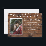 Save The Date Rustic Wood Rustic Photo Invite<br><div class="desc">Save The Date Rustic,  with string lights,  perfect to let your guests know your event date! Add your photo & text. Matching item to the Collection! Front and back included.</div>