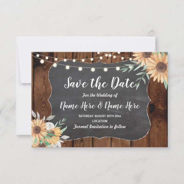 Save The Date Rustic Wood Sunflower Lights Invite (Front)