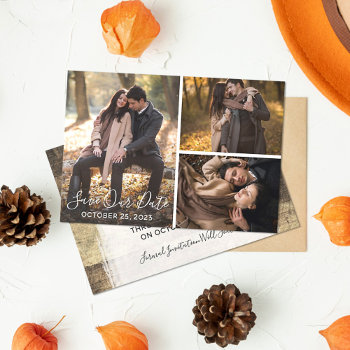 Save The Date Rustic Wood Wedding Photo Collage by CyanSkyCelebrations at Zazzle
