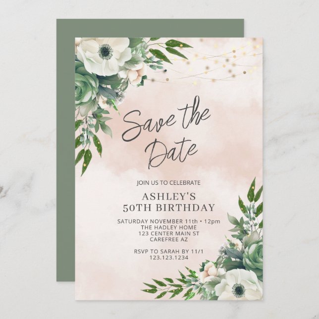 Save the Date Sage Green 50th Birthday Invitation (Front/Back)