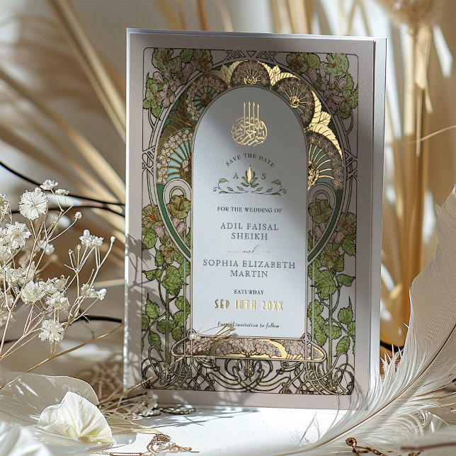 Save the Date Sage Green Muslim Islamic Mucha Foil Invitation (Creator Uploaded)