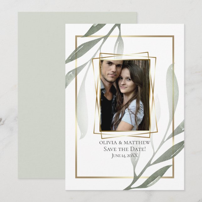 Save the Date | Sage Green Olive Branch Watercolor Invitation (Front/Back)