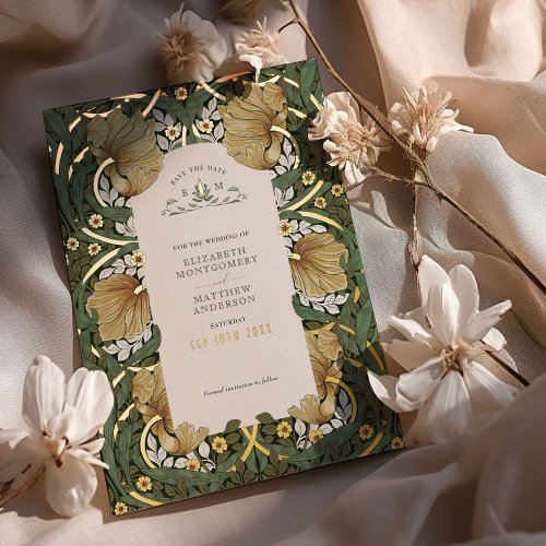 Save the Date Sage Green Pimpernel Vintage Morris Foil Invitation