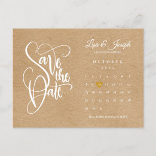 Save the Date Script Calendar Gold Heart Rustic Announcement Postcard
