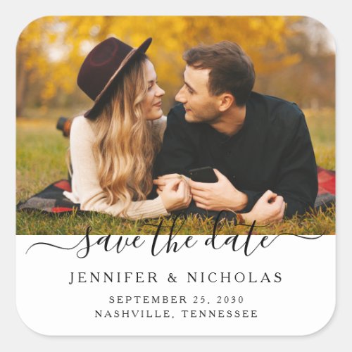 Save The Date Script Photo Engagement  Square Sticker