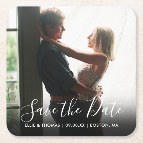 Save the Date Script Photo Square Paper Coaster