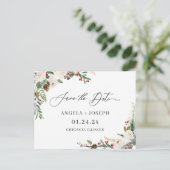 Save the Date Script Rustic Winter Floral Berries Postcard (Standing Front)