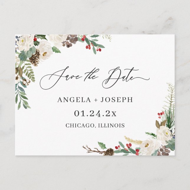 Save the Date Script Rustic Winter Floral Berries Postcard (Front)