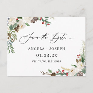 Save the Date Script Rustic Winter Floral Berries Postcard