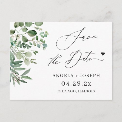 Save the Date Script Simple Elegant Eucalyptus Postcard - Wedding Save the Date Elegant Greenery Eucalyptus Leaves Postcard. 
(1) For further customization, please click the "customize further" link and use our design tool to modify this template.
(2) If you need help or matching items, please contact me.