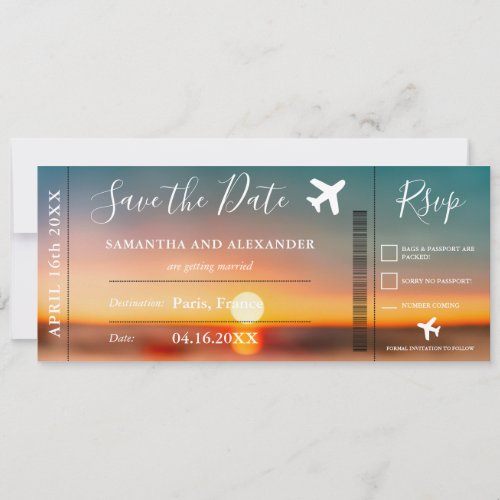 Save the date script sunset plane boarding pass