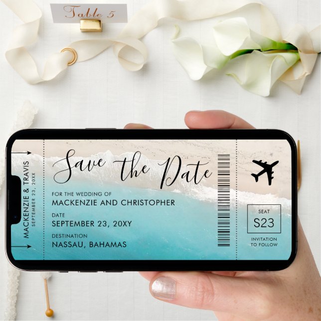 Save the Date Script Tropical Beach Boarding Pass (Front Digital)