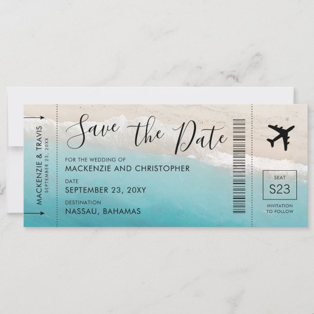 Save the Date Script Tropical Beach Boarding Pass (Front)