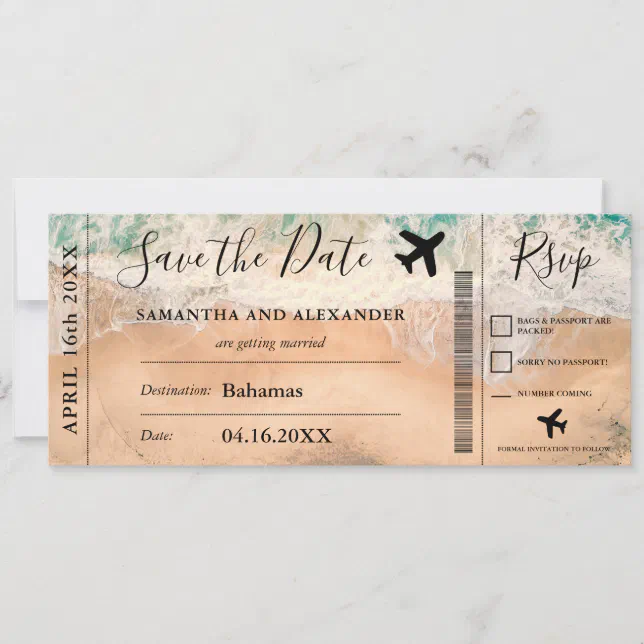 Save the date script tropical plane boarding pass | Zazzle
