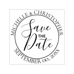 Save The Date Script wedding round minimalist chic Self-inking Stamp
