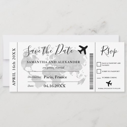 Save the date script world map plane boarding pass