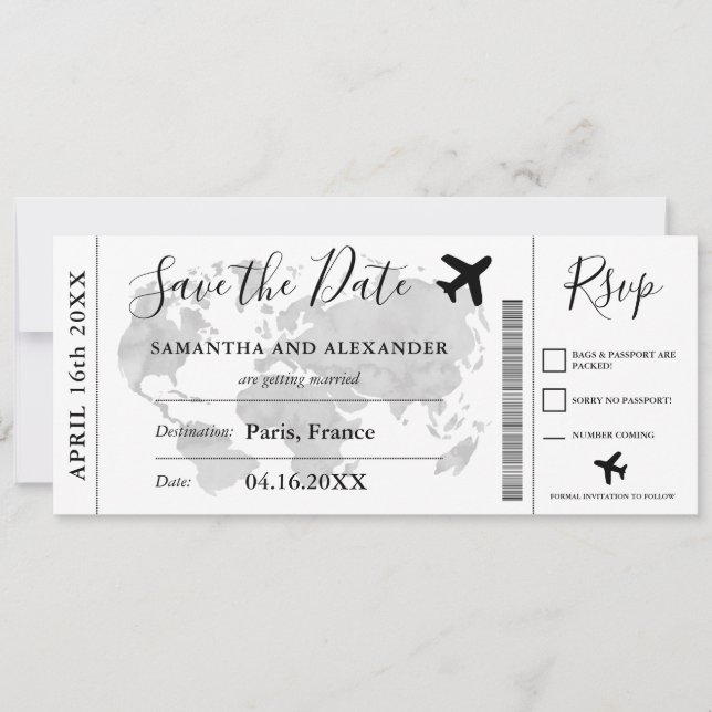 Save the date script world map plane boarding pass (Front)