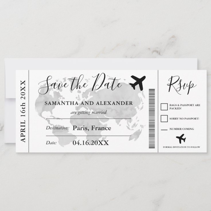 Save the date script world map plane boarding pass | Zazzle