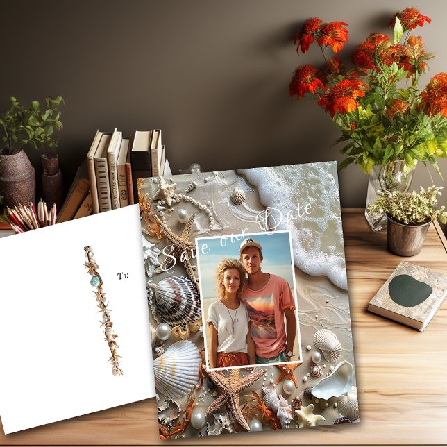 Save the Date Seashells Pearls Starfish Beach   Postcard (Save the Date Postcard Beach, Tropical Wedding. )