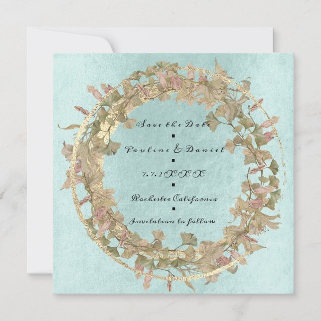 Save The Date Shabby Cottage Gold Floral Pink Aqua (Front)