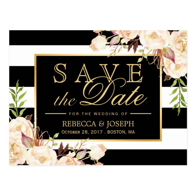 Save The Date - Shades Of Ivory Floral Stripes Postcard