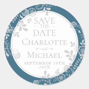 Save the Date Silver Blue Victorian Floral Lace Classic Round Sticker