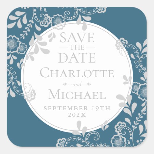Save the Date Silver Blue Victorian Floral Lace Square Sticker