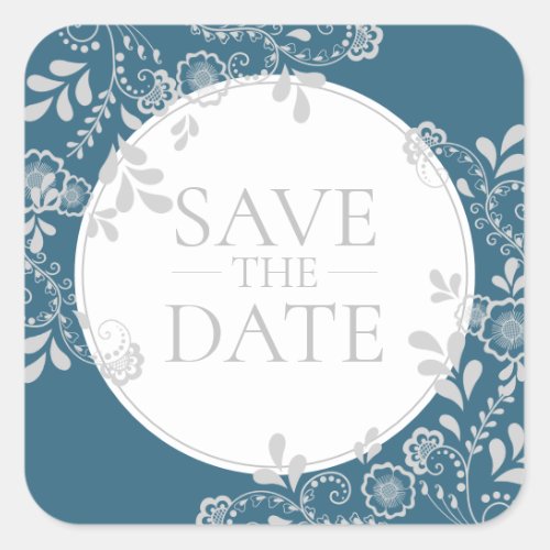 Save the Date Silver Blue Victorian Floral Lace Square Sticker