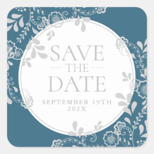 Save the Date Silver Blue Victorian Floral Lace Square Sticker