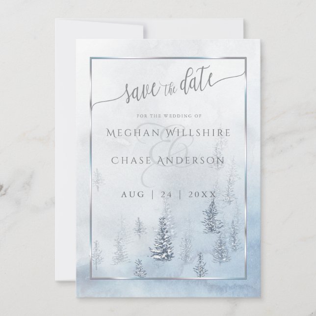Save the Date | Silver Blue Winter Wonderland (Front)