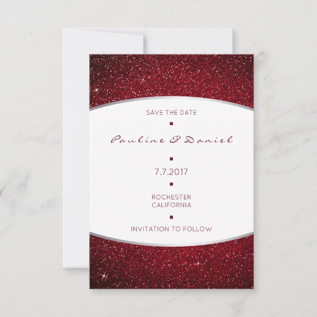 Save The Date Silver Burgundy White Gray Glitter (Front)
