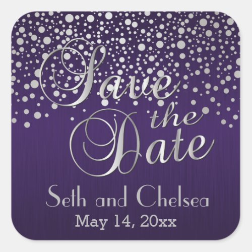 Save the Date Silver Dots and Purple  Personalize Square Sticker