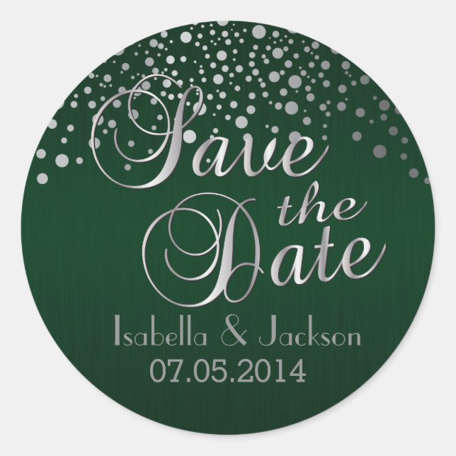 Save the Date | Silver Dots & Green | Personalize Classic Round Sticker (Front)
