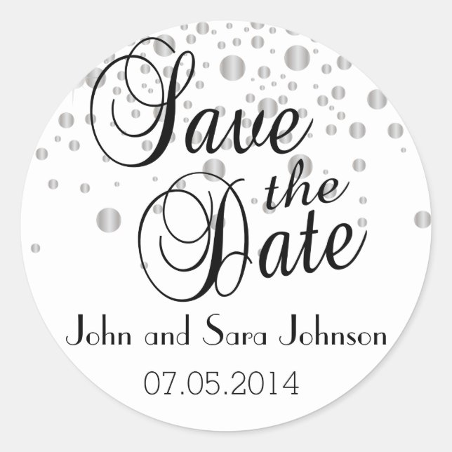 Save the Date | Silver Dots| Personalize Classic Round Sticker (Front)