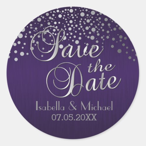 Save the Date  Silver Dots  Purple  Personalize Classic Round Sticker